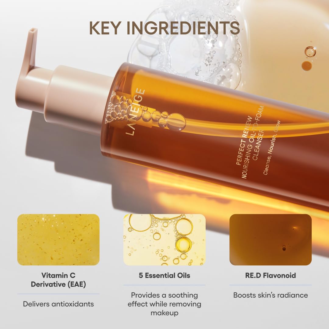 LANEIGE Perfect Renew Nourishing Oil-to-Foam Cleanser - 2-in-1 Anti-Aging Face Wash for Radiant Skin | Removes Makeup & Impurities
