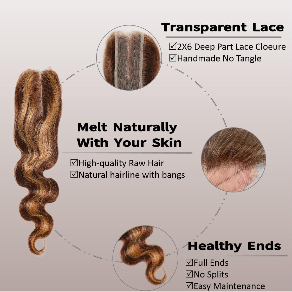 4/27 Closure Human Hair Lace Frontal Highlight Body Wave Lace Closure Brazilian P4/27 2 By 6 Lace Frontal HD Transparent Deep Free Side Part Kim K With Baby Hair Natural Hairline 14 Inch