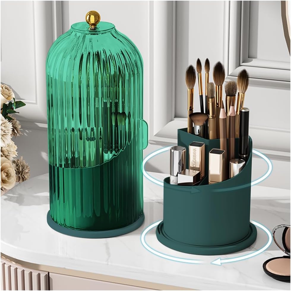 Makeup Brush Holder - 360° Rotating Clear Organizer | Dustproof & Waterproof, Green