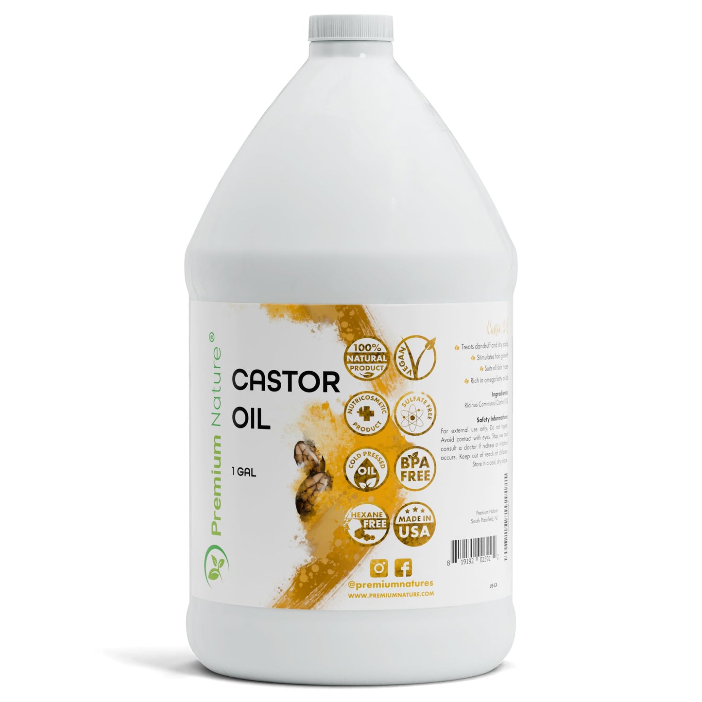 Castor Oil Pure Carrier Oil - Cold Pressed Castor Oil for Essential Oils Mixing Natural Skin Moisturizer Body & Face, Eyelash Caster Oil, Eyelashes Eyebrows Lash & Hair Growth Serum 1 Gallon