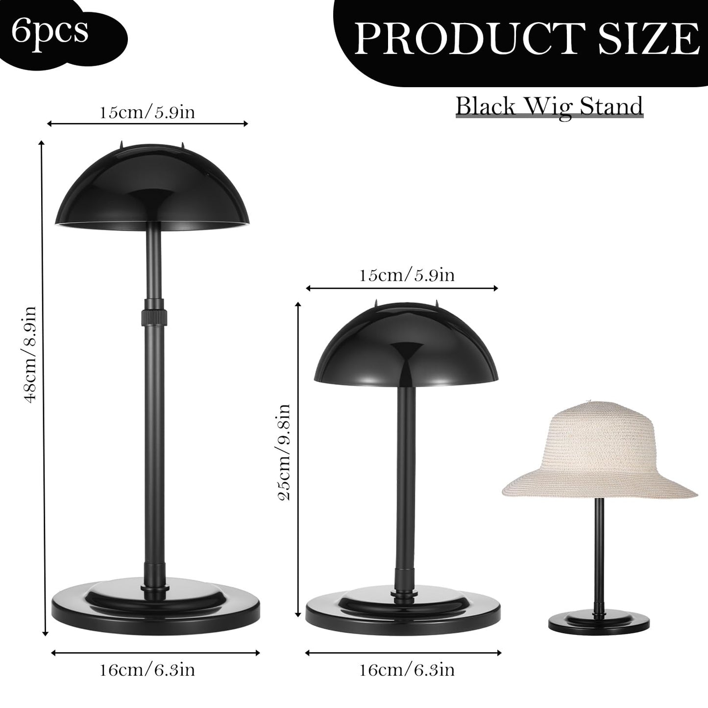 MAQUITA 6PC Wig Stand Base Adjustable Height (9.8"-18.9") Wig Head Stands Portable Non-Slip Sturdy Wig Holder Stands Travel Wig Stand for All Wigs - Black