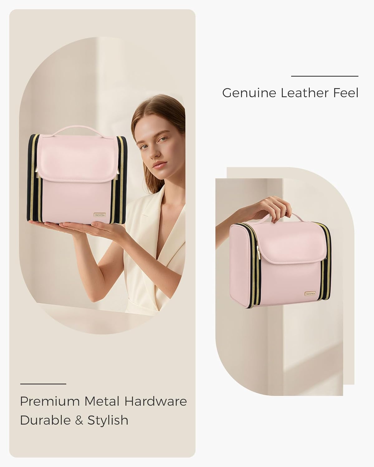 Large Capacity Hanging Toiletry Bag - PU Leather Makeup Organizer with Jewelry Compartment | Pink