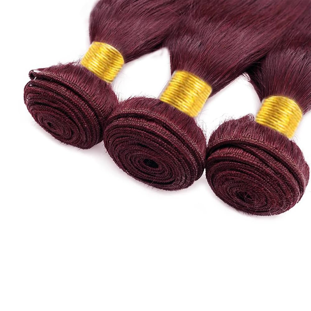 Straight Human Hair Bundles 16 18 20 Inch #99J Burgundy Bundles Human Hair Wine Red 12A Unprocessed Native Virgin Hair 50G Per Bundle 3 Extensions Wet and Wavy Weave for Women