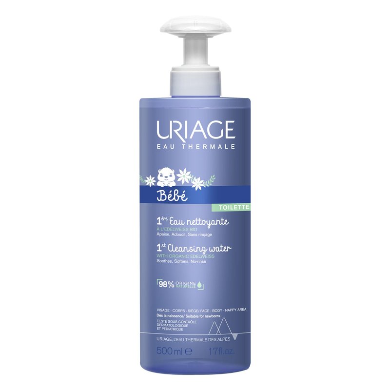 Uriage Baby 1st cleansing water with Organic Edelweiss, Softens baby's delicate skin, Ultra-convenient pump, Soap Free, Face & body, Physiological pH