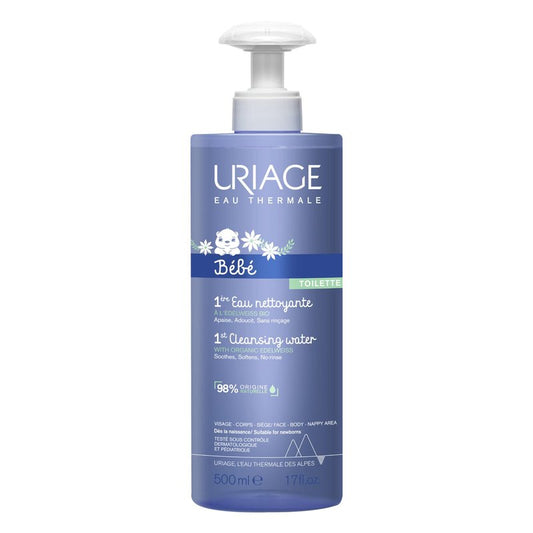 Uriage Baby 1st cleansing water with Organic Edelweiss, Softens baby's delicate skin, Ultra-convenient pump, Soap Free, Face & body, Physiological pH