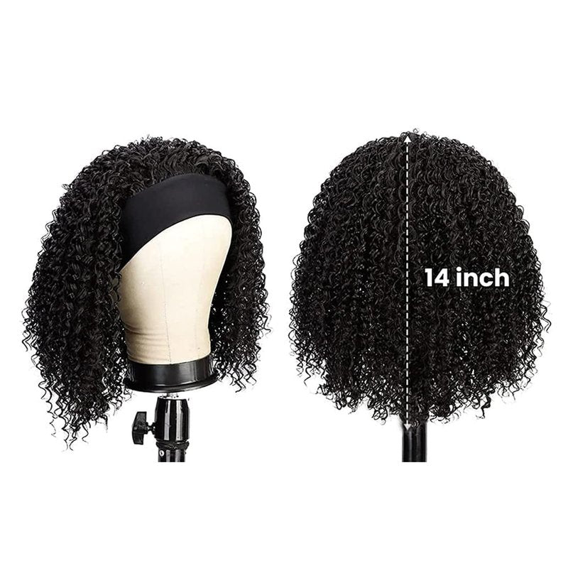 Deep Wave Headband Wig Human Hair 14 Inch Curly Headband Wigs for Black Women Human Hair Glueless None Lace Front Wig Brazilian Virgin Hair Wear and Go Wigs 150% Density Natural Black Color