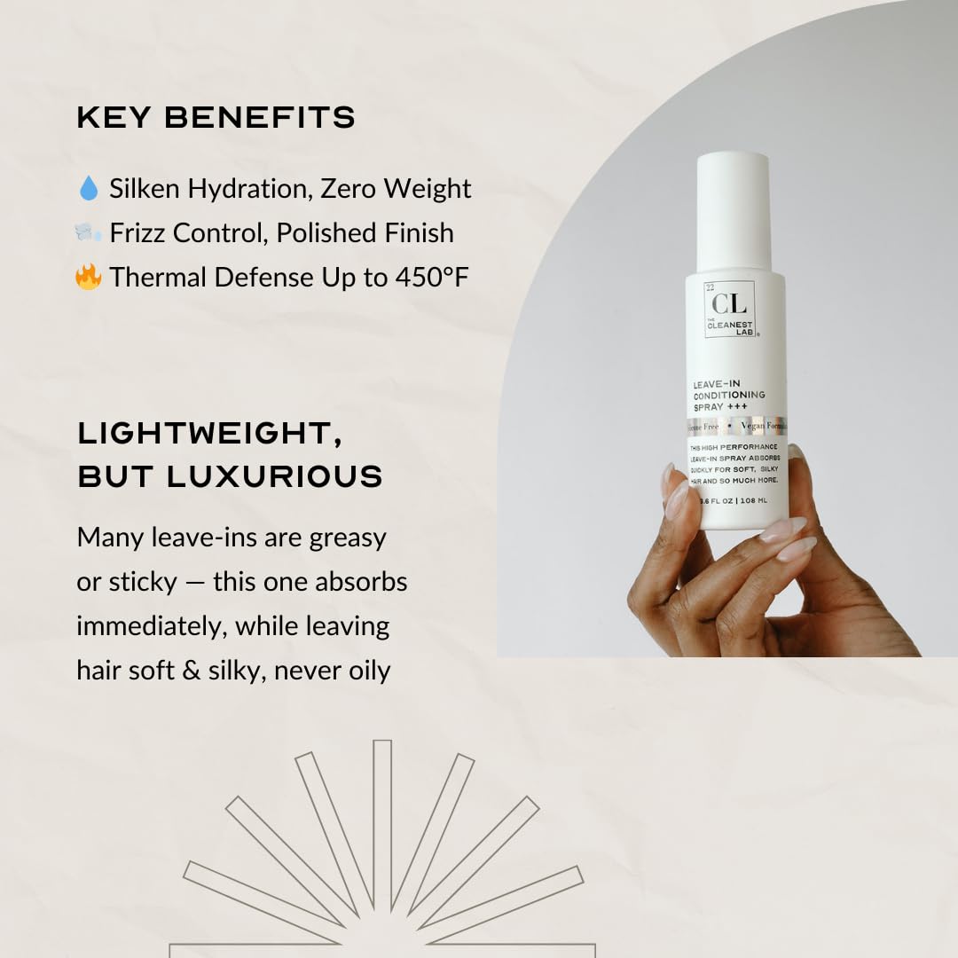 The Cleanest Lab Leave-In Conditioner Mist Spray. Dry & Damaged Hair Treatment. Miracle Hydration Heat Protectant. De-Frizz & Detangles. Add Volume & Prime for Style. 3.6 Fl. Oz