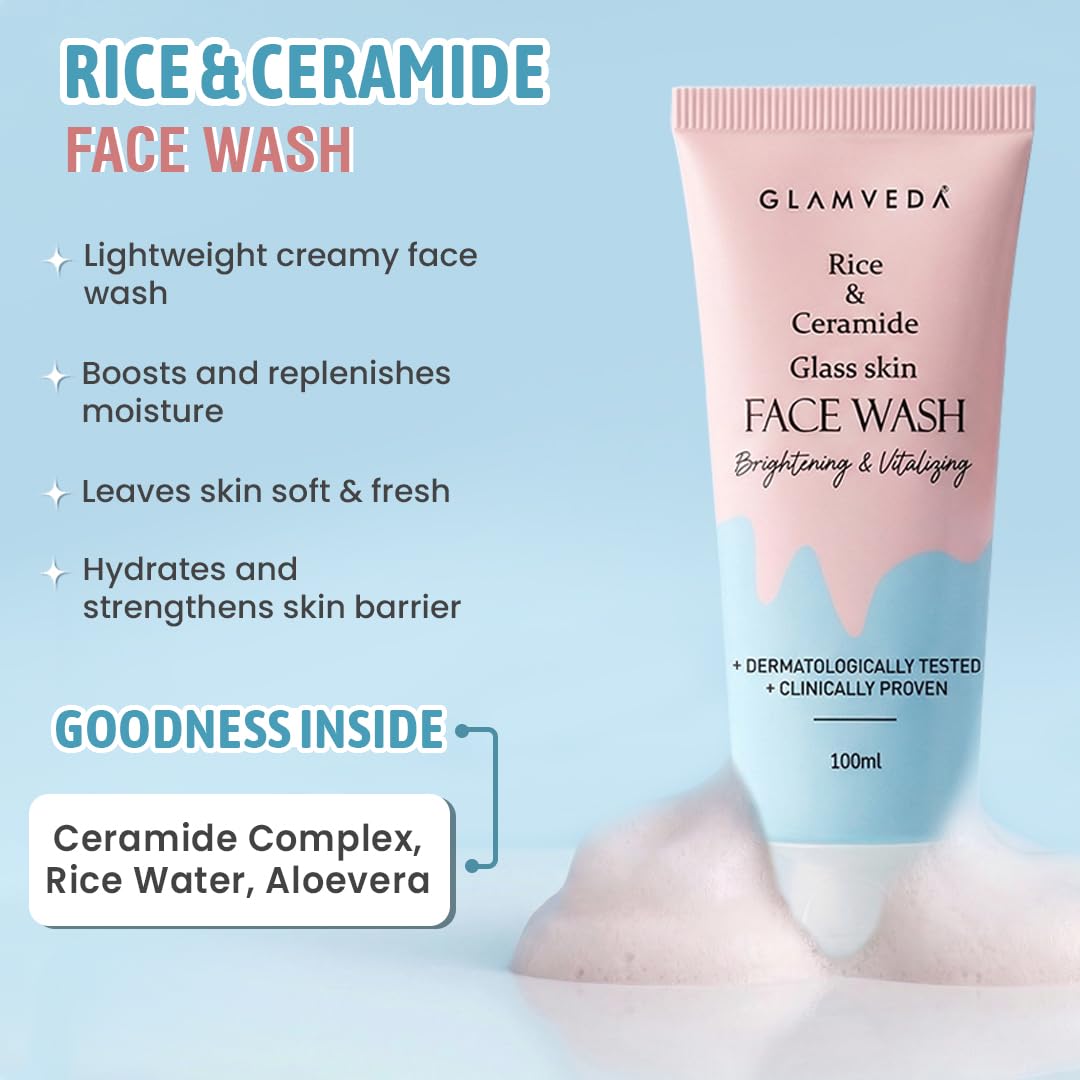 Glamveda Korean Rice & Ceramide 3 Step Skincare Routine| Face Wash, Facial Kit & Peel Off Mask | Skin Brightening & Anti Dullness | For Men and Women