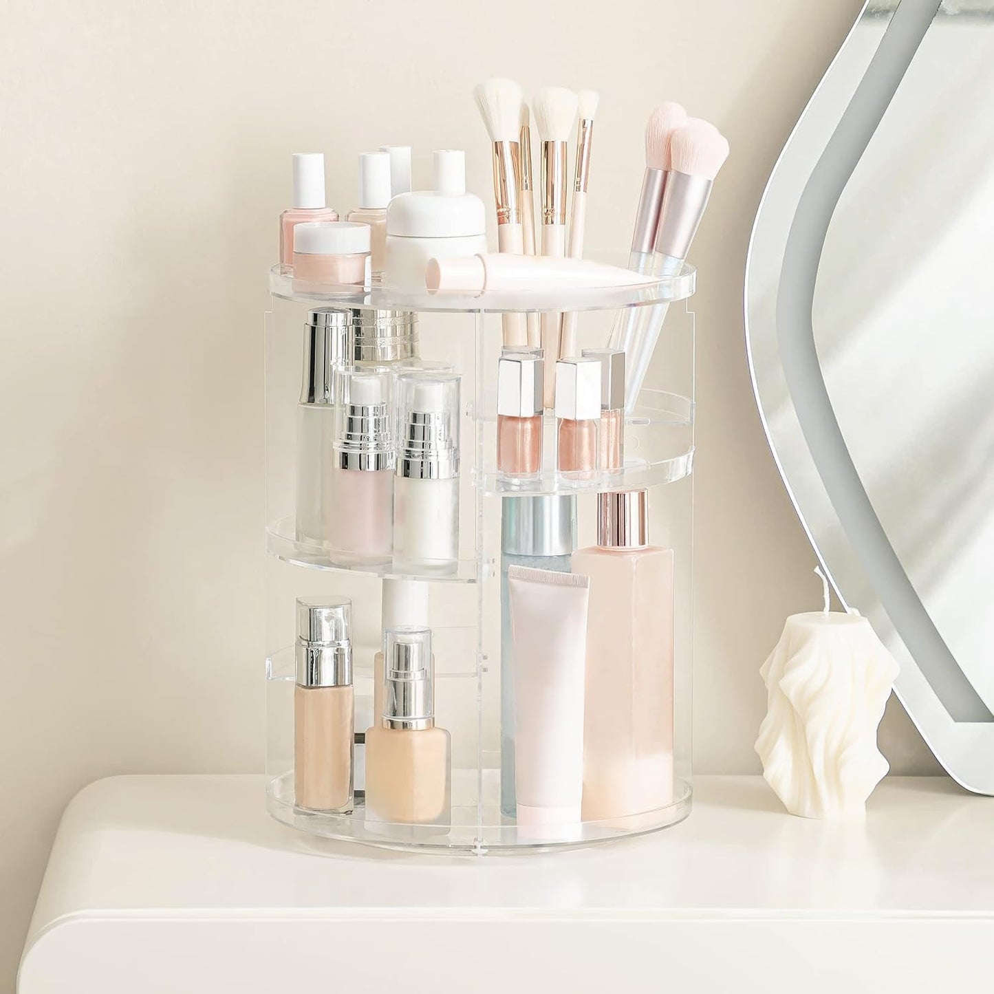 HBlife 360 Rotating Makeup Organizer - Large Capacity Cosmetic Storage | Adjustable Carousel for Vanity, Clear
