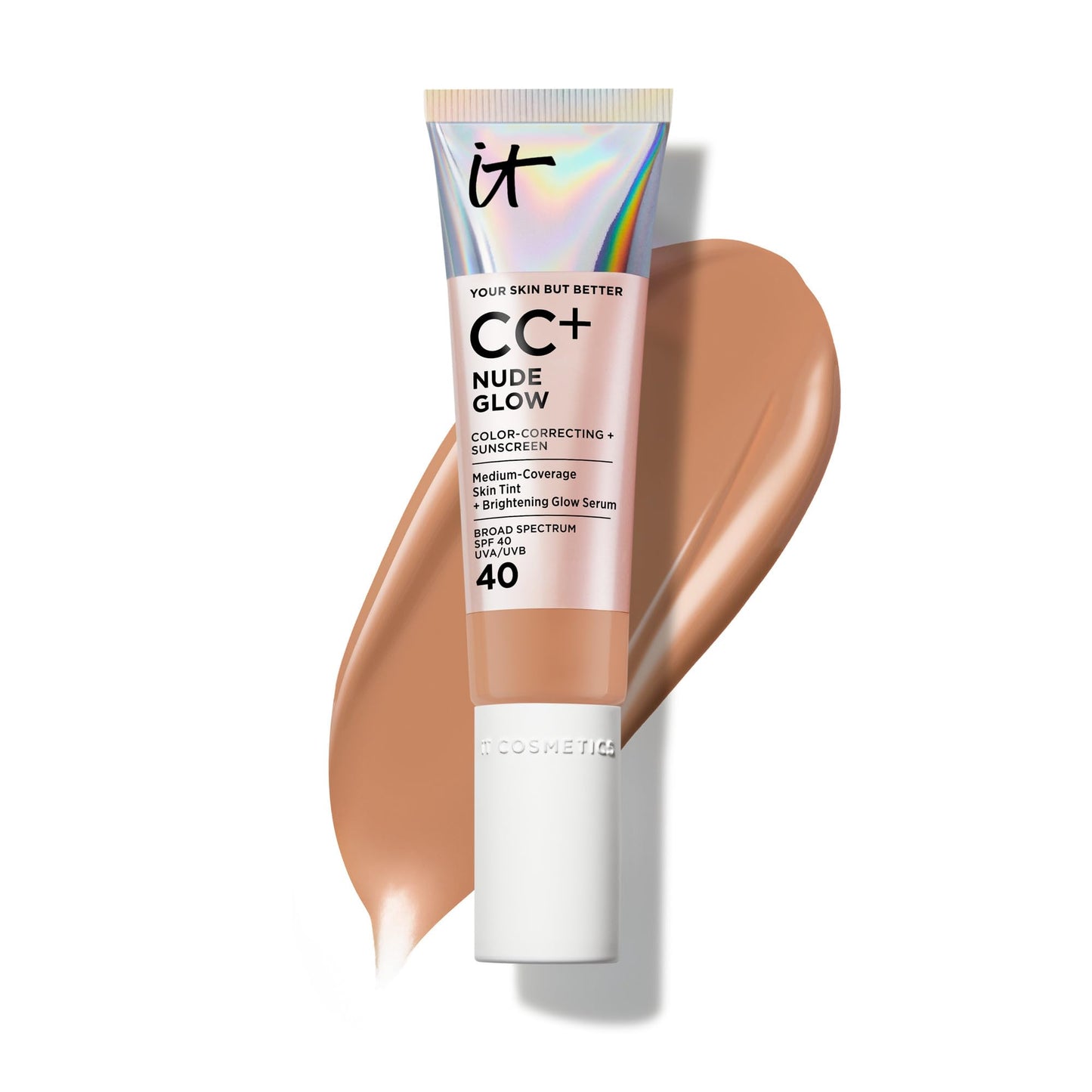 IT Cosmetics CC+ Nude Glow (Rich Honey) - Medium Coverage Foundation with SPF 40 & Brightening Glow Serum, Lightweight Skin Tint, 2% Niacinamide + Hyaluronic Acid, Up to 24H Hydration - 1.08 fl oz