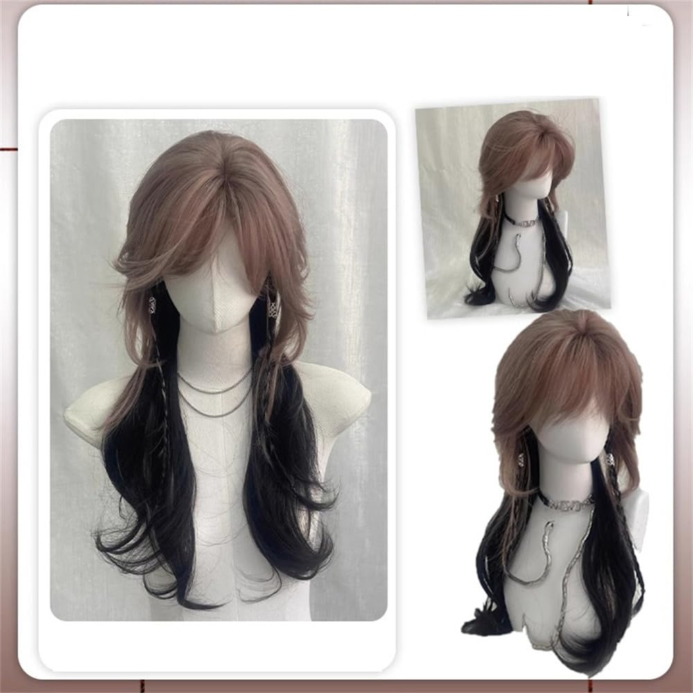 VVRPWASSLY Brown and Black Wig with Bangs Jellyfish Head Long Curly Hair High Temperature Silk Wig for Party