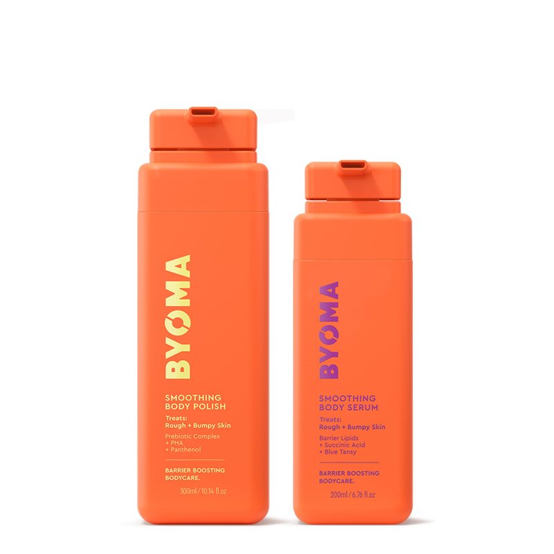 BYOMA Smoothing Body Serum & Polish Bundle – For Breakouts & Textured Skin – Exfoliating + Soothing with PHA, Succinic Acid & Blue Tansy – Skin Barrier Support – 10.4 fl oz + 6.76 fl oz