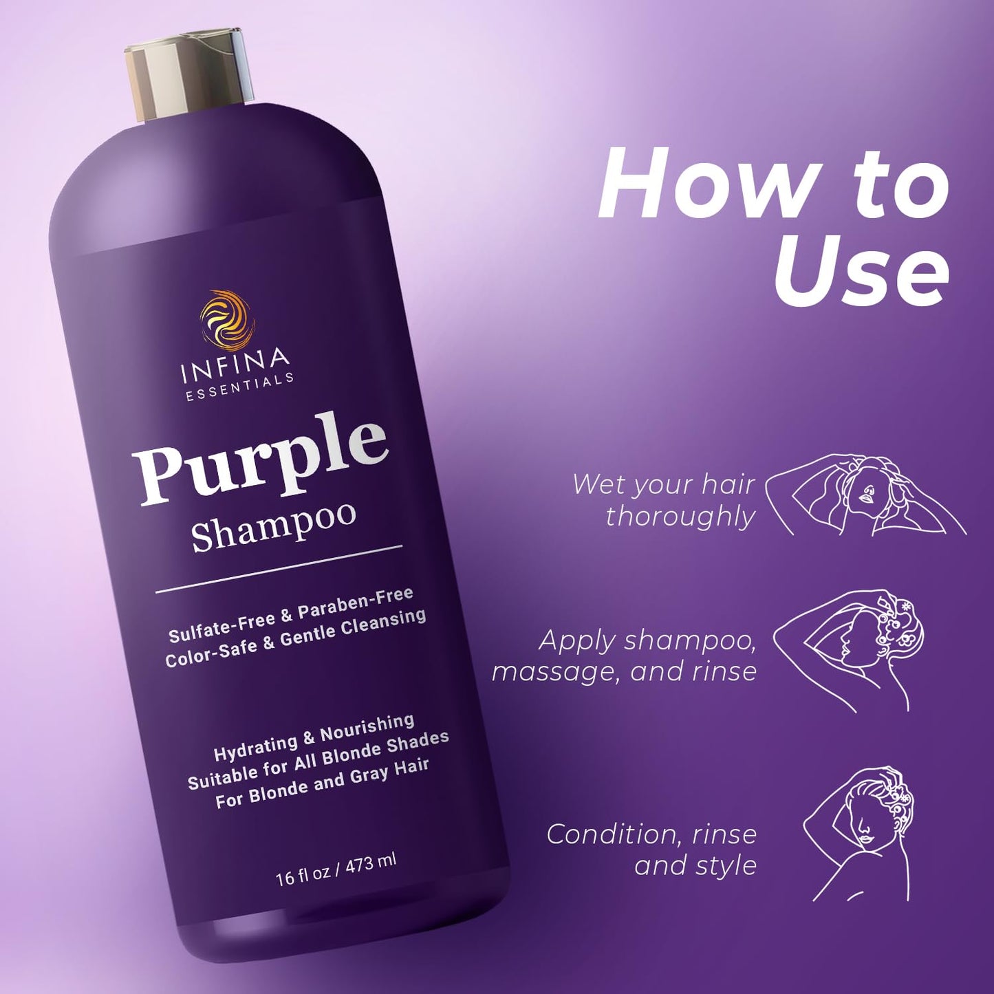 INFINA ESSENTIALS Purple Shampoo for Blondes, Gray, Brassy & Color Treated Hair, Sulfate Free, Enriched with Green Tea & Chamomile & Avocado Oil - Nourishing & Hydrating Blonde Shampoo - 16 fl oz