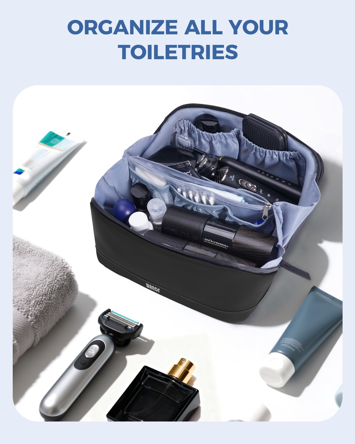 Toiletry Bag for Men - PU Leather Travel Organizer with Waterproof Hanging Pouch | Black Dopp Kit