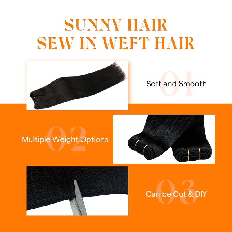 Sunny Hair Sew in Hair Extensions Real Human Hair 22 Inch 100G Jet Black Double Layered Long Hand-Tied Bundles Straight Smooth Hair Full Head for Women Add Length