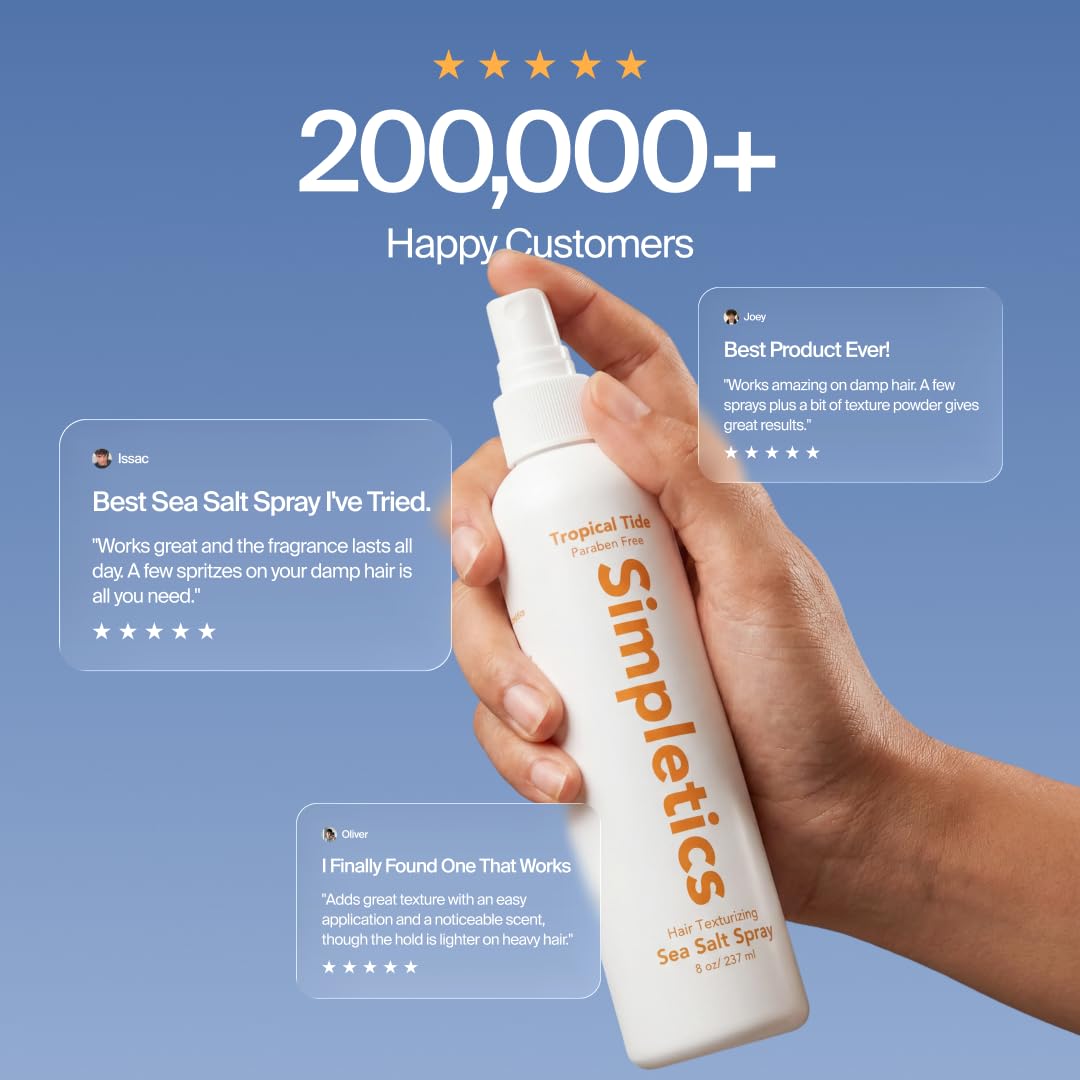 Simpletics Himalayan Sea Salt Hair Spray (Sandalwood Scent) – Natural 5-Ingredient Formula for Beach Waves & Volume – Light Hold, Non-Greasy, Paraben & Sulfate Free – Unisex 8 fl oz