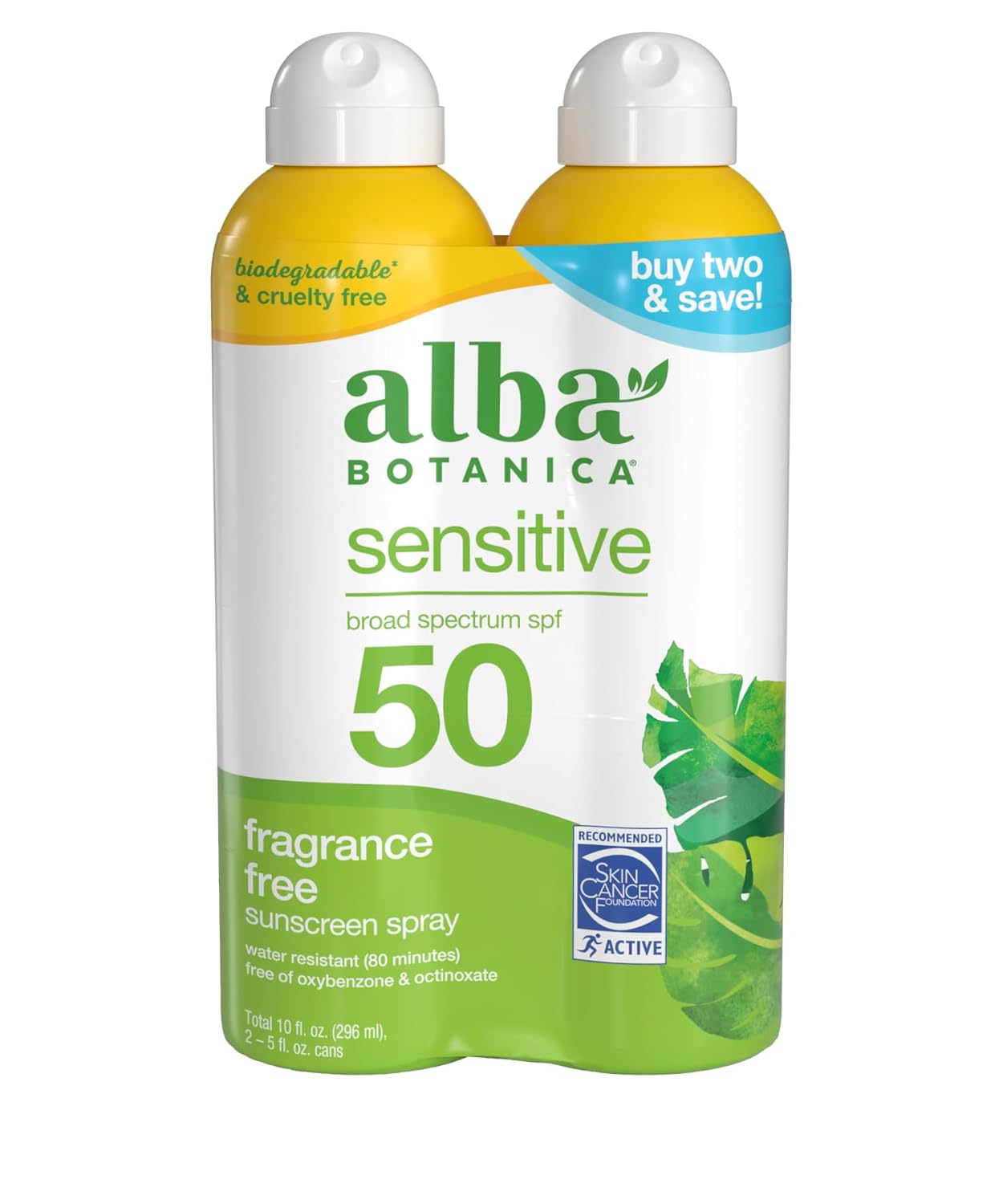 Alba Botanica Sensitive Sunscreen Spray SPF 50 - Gentle Protection for Sensitive Skin | 10 Fl Oz (Pack of 2)