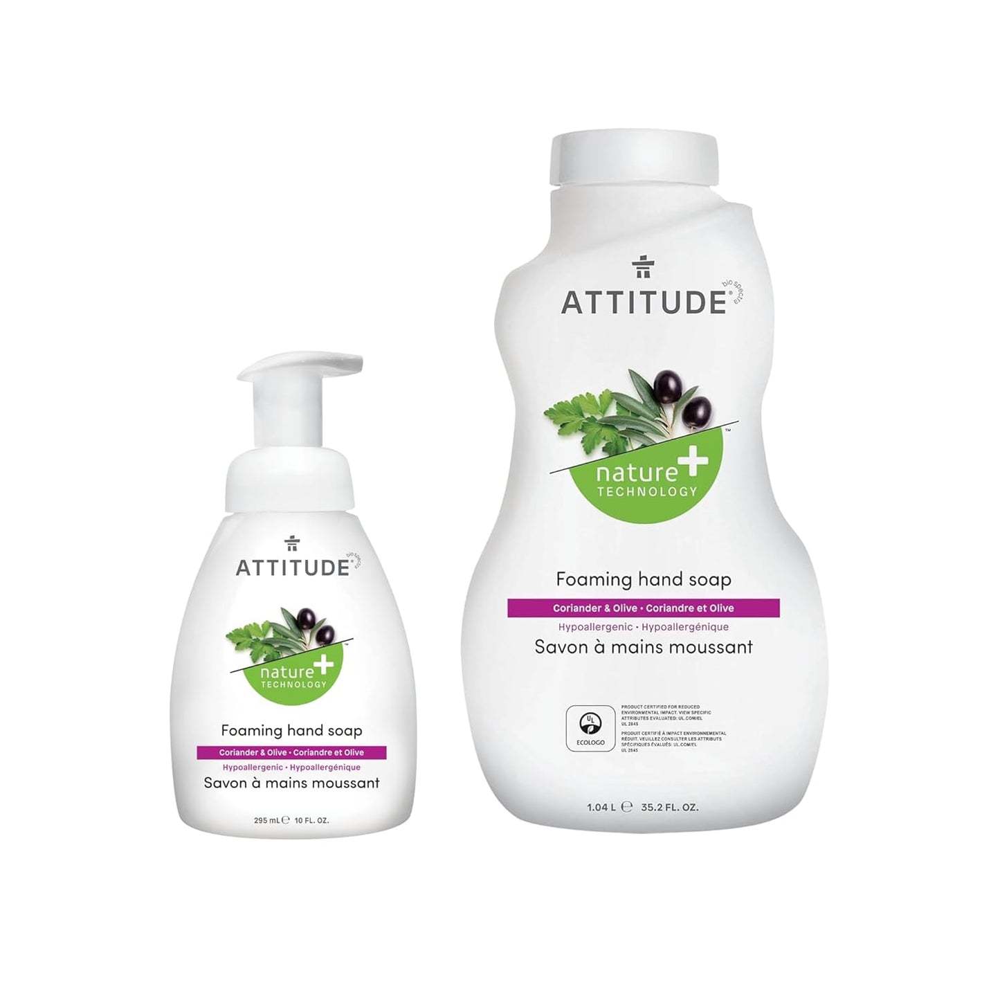 ATTITUDE Vegan Foaming Hand Soap Bundle - Coriander & Olive, 10 Fl Oz + 35.2 Fl Oz Refill