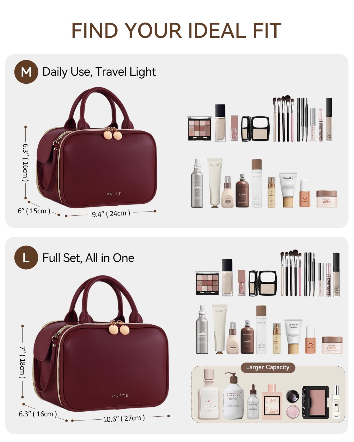 Prite Travel Makeup Bag Women’s Large Capacity Waterproof Cosmetic Organizer Portable Open Flat Toiletry Case with Free-standing Brush Holder and Handle(Burgundy Large)