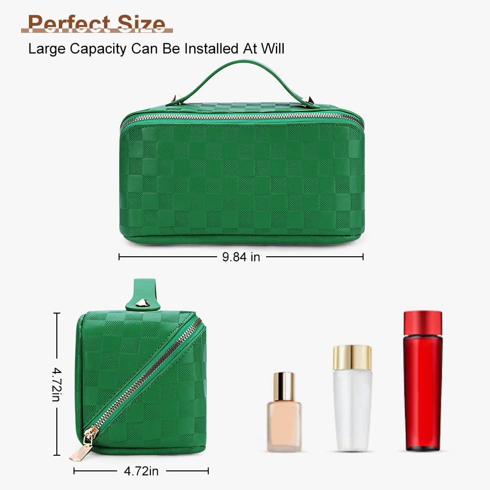Cessfle Large Capacity Travel Cosmetic Bag Plaid Checkered Makeup Bag Portable Leather Waterproof Skincare Bag with Handle and Divider for Women 01-Green