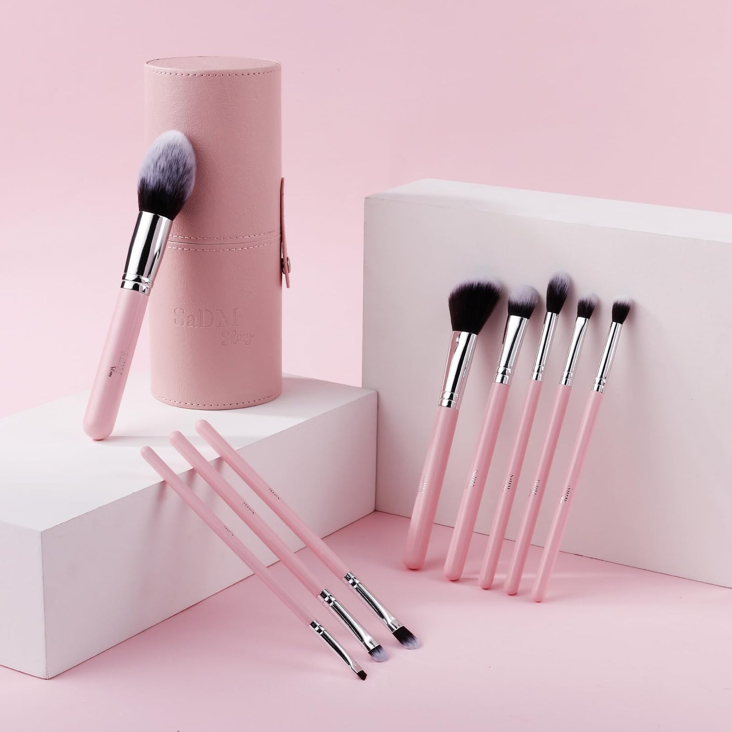 Makeup Brush Set (9 Pieces) - Includes Foundation, Powder, Concealers, Highlighter, Contour, Eye Shadows & Blush Brushes - Face & Eye Make Up Brushes with Synthetic Bristles - Leather Case Included