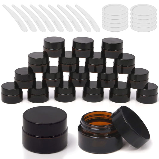 Wokape 20 Pack 0.5oz/ 15ml Amber Glass Jars with Liner Lids Spatulas, Round Travel Containers for Ointments Lotion Creams Sample Pack