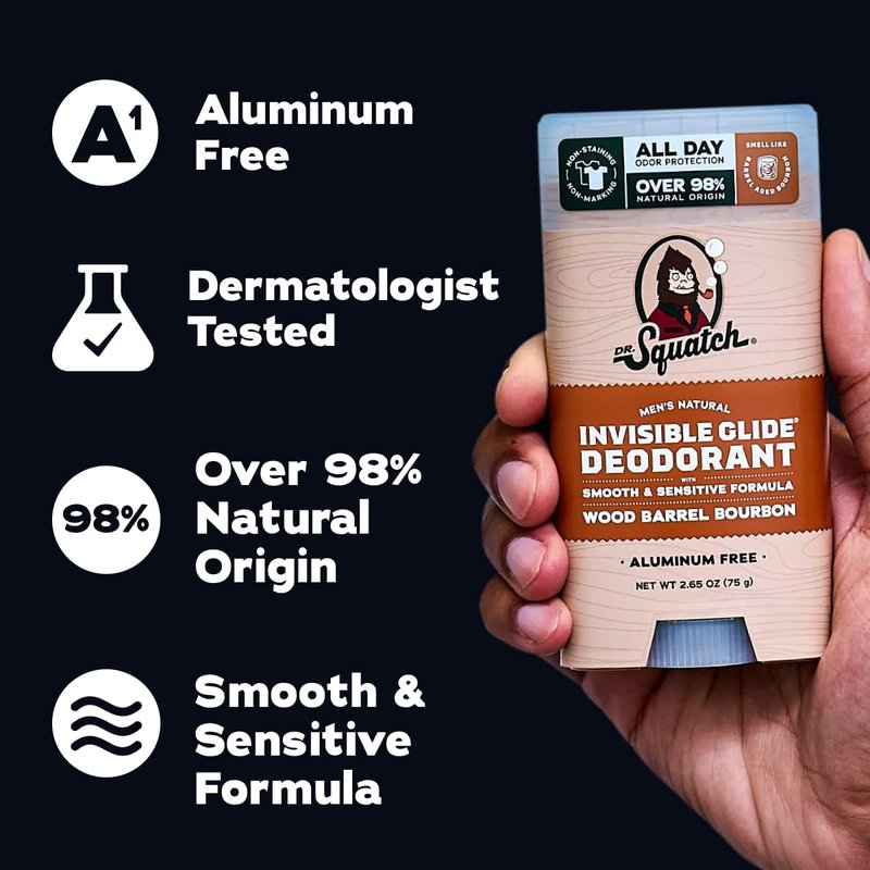 Dr. Squatch Invisible Glide Natural Men’s Deodorant – Smooth Glide, No Stains – Aluminum Free Deodorant Men – Safe for Sensitive Skin – Wood Barrel Bourbon + Rainforest Rapids, 2.65oz (2-Pack)