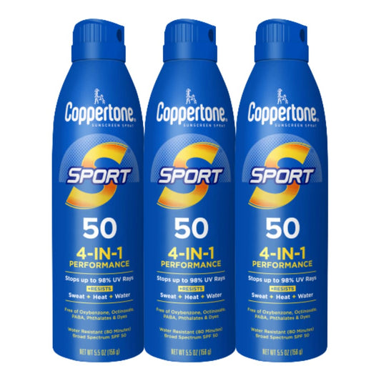 Coppertone Sport Sunscreen Spray SPF 50, Sweat, Heat and Water Resistant Sunblock, Lightweight, Oxybenzone Free, Spray Sunscreen Bulk Pack, 5.5 Oz Bottle, Pack of 3