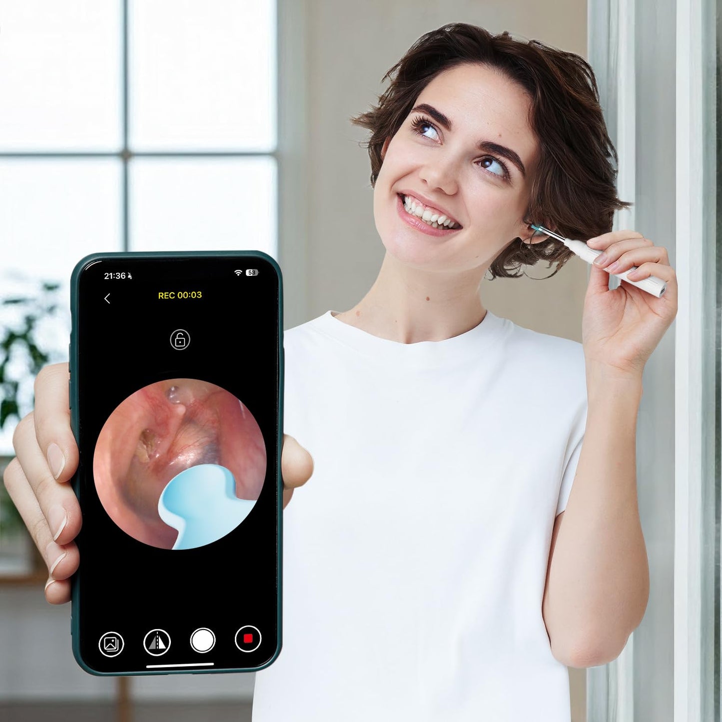MOOPHY Ear Wax Removal Tool with Camera, 1296P HD Ear Cleaner with 6 LED Lights, Wireless Otoscope Earwax Removal Kit with Silicone Tips & Ear Spoons, Ear Camera for iPhone, iPad & Android, White