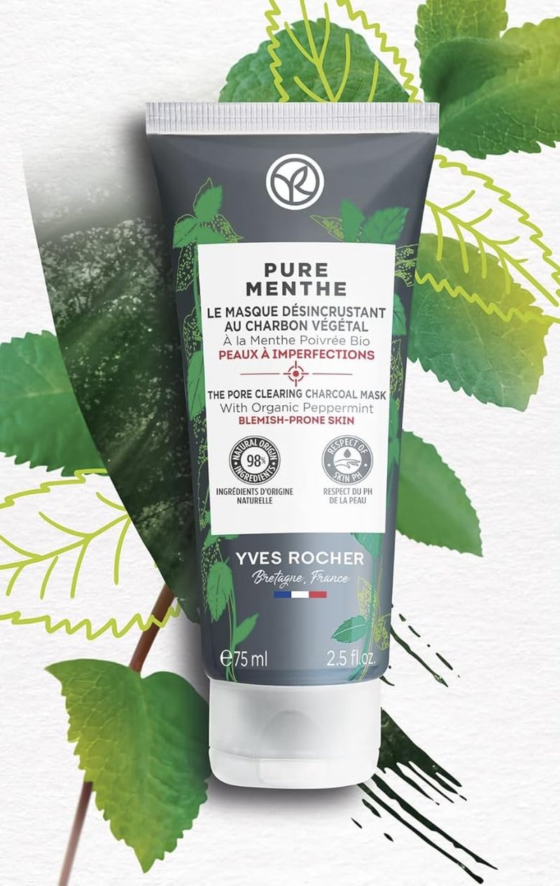 Yves Rocher Pure Menthe Purifying Charcoal & Peppermint Mask – Deep Cleansing, Oil Control & Blackhead Removal Absorbs Excess Sebum for Matte, Clear Skin – 75ml / 2.5 fl.oz.