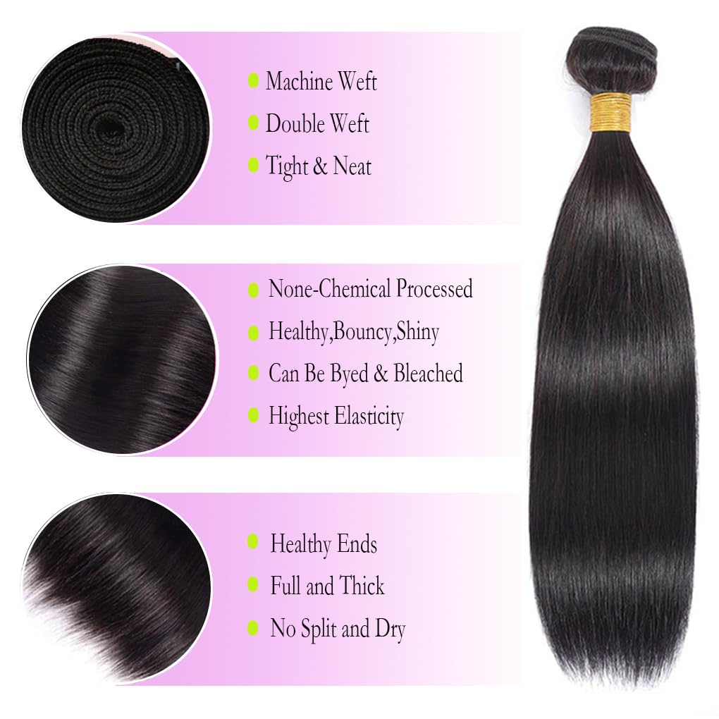 12A Straight Human Hair Bundles - 20 Inch Brazilian Virgin Hair Extensions for Black Women | Natural Black Color