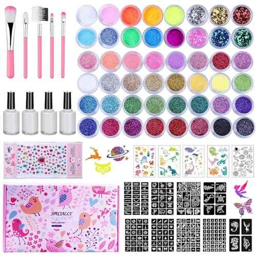 Temporary Glitter Tattoos Kit Kids, 48 Colors Powder with 209 Temporary Tattoo Stencils and 5 Luminous Tattoo Stickers, Body Nail Arts and Craft Glitter Make Up Kit, Gifts for Girl Boy Party