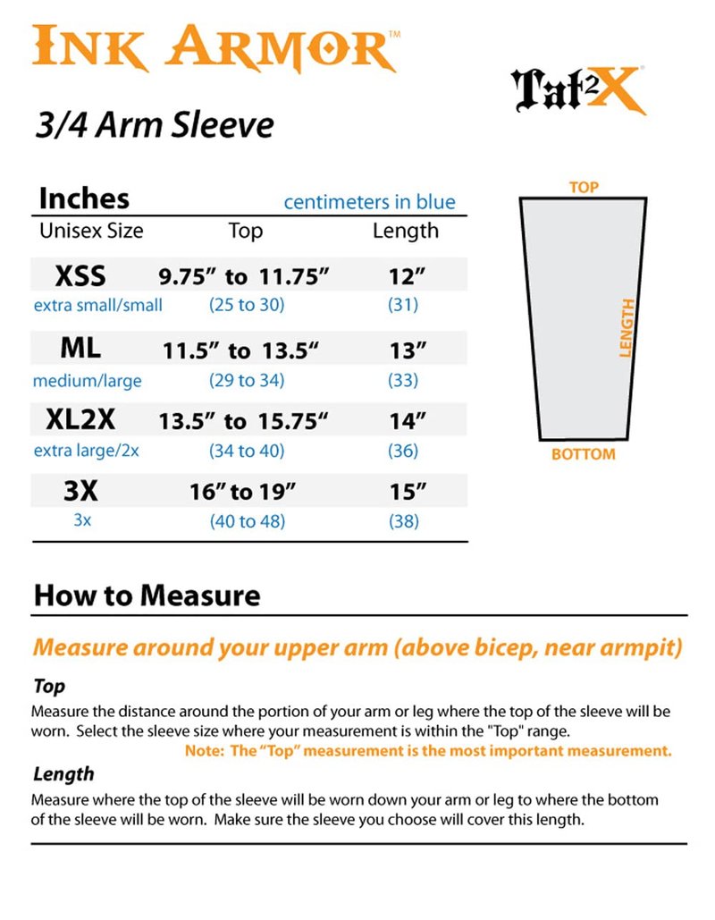 Tat2X Ink Armor Premium 3/4 Arm Tattoo Cover Up Sleeve - No Slip Gripper - U.S. Made - Light - ML (single arm/elbow sleeve)