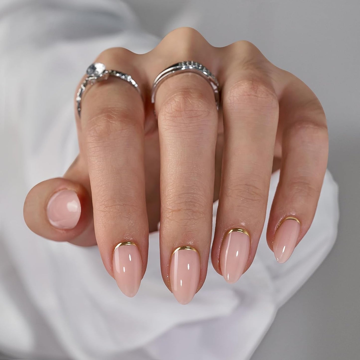 Press On Nails Almond - Short Gold Foil Soft Gel Nails with Glue | 32-Piece Kit in 16 Sizes