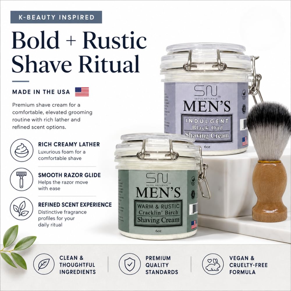 Seoul Naturals Cedarwood & Sandalwood Shaving Cream for Men – 100% Natural Handmade Shave Cream, Korean Beauty Inspired (K-Beauty), Smooth Traditional Wet Shave, 6 oz