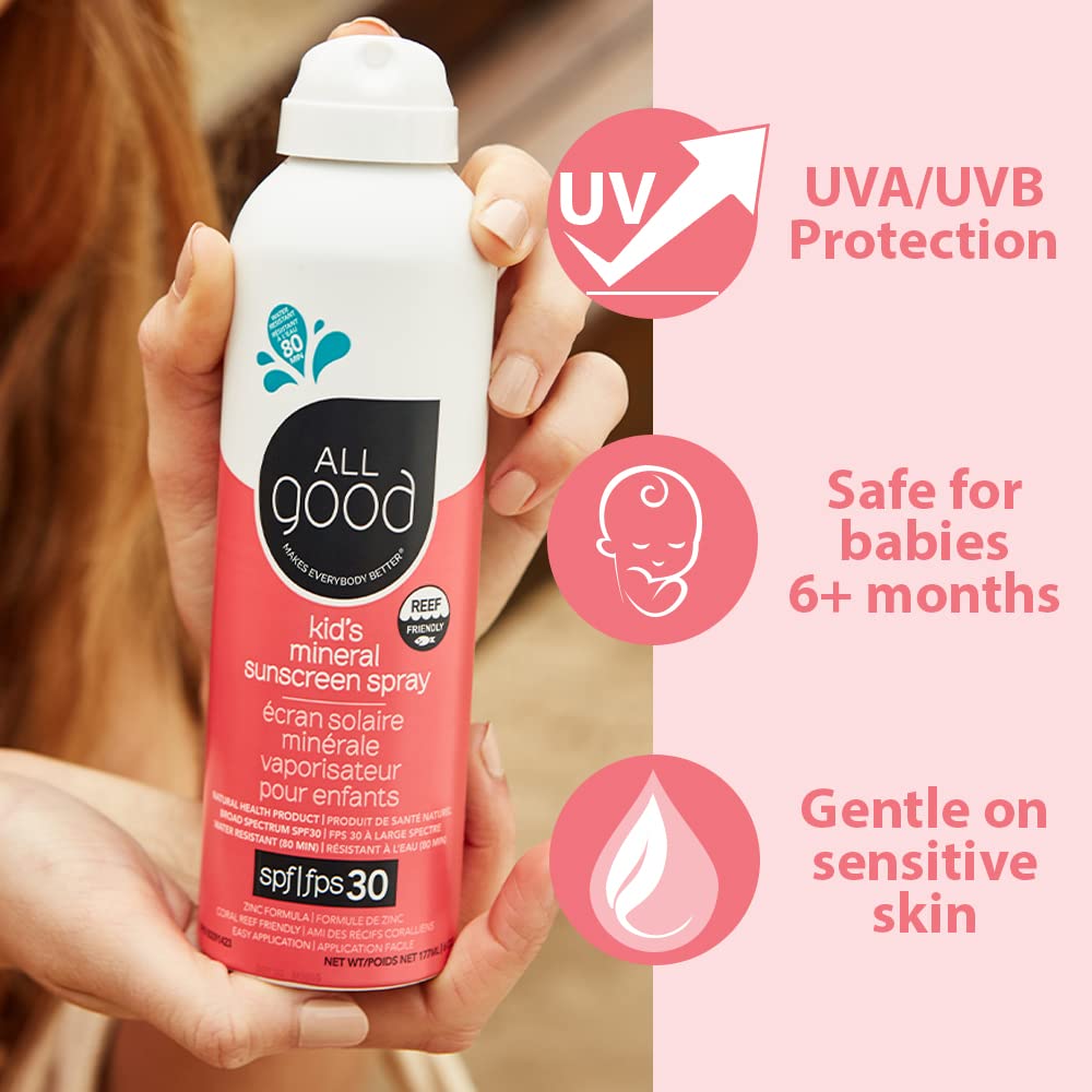 All Good Baby & Kids Sunscreen Spray - UVA/UVB Broad Spectrum, SPF 30, Zinc Oxide, Coral Reef Friendly, Water Resistant, Calendula, Aloe