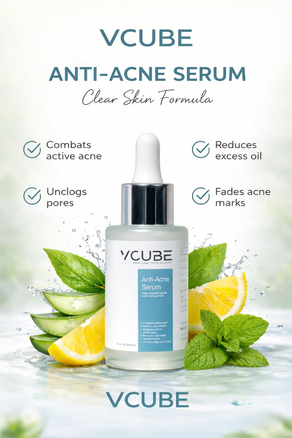 HK BEAUTY CARE VCUBE Anti-Acne Face Serum with Dioic Acid, Glycolic Acid & Salicylic Acid – Acne Control, Oil Balancing, Blemish & Spot Reduction – 30 ml