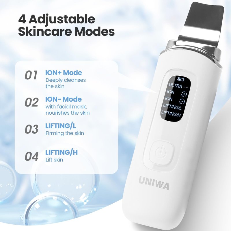 UNIWA Skin Scrubber Face Spatula, Ultrasonic Skin Scrubber Skin Spatula Pore Cleaner Blackhead Remover Tool for Facial Deep Cleansing-4 Modes, with LCD Display, IPX6 Waterproof - White