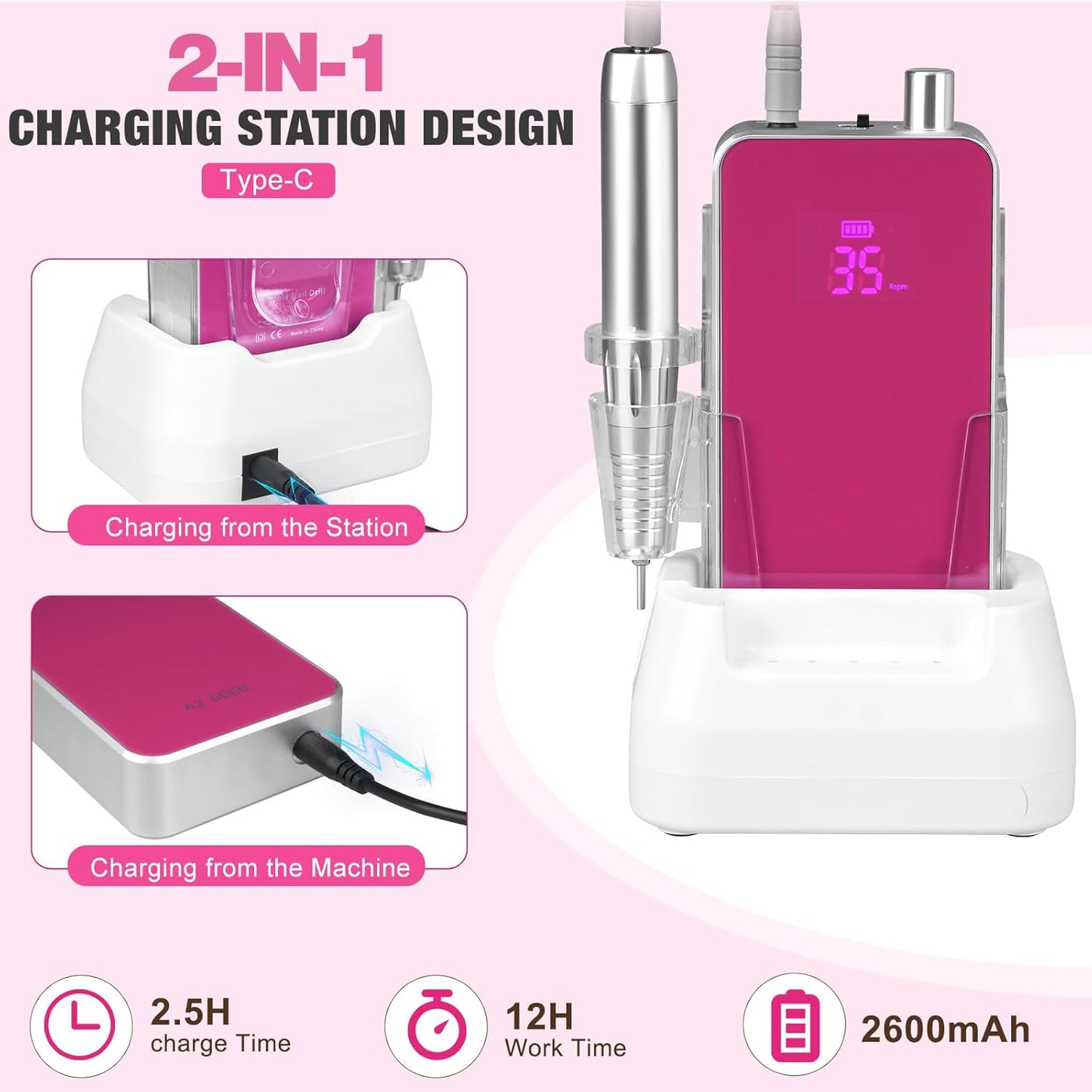 Professional Portable Nail Drill - 2-in-1 Rechargeable Electric E-File for Acrylic Gel Nails | 35000RPM, Quieter Coreless Motor