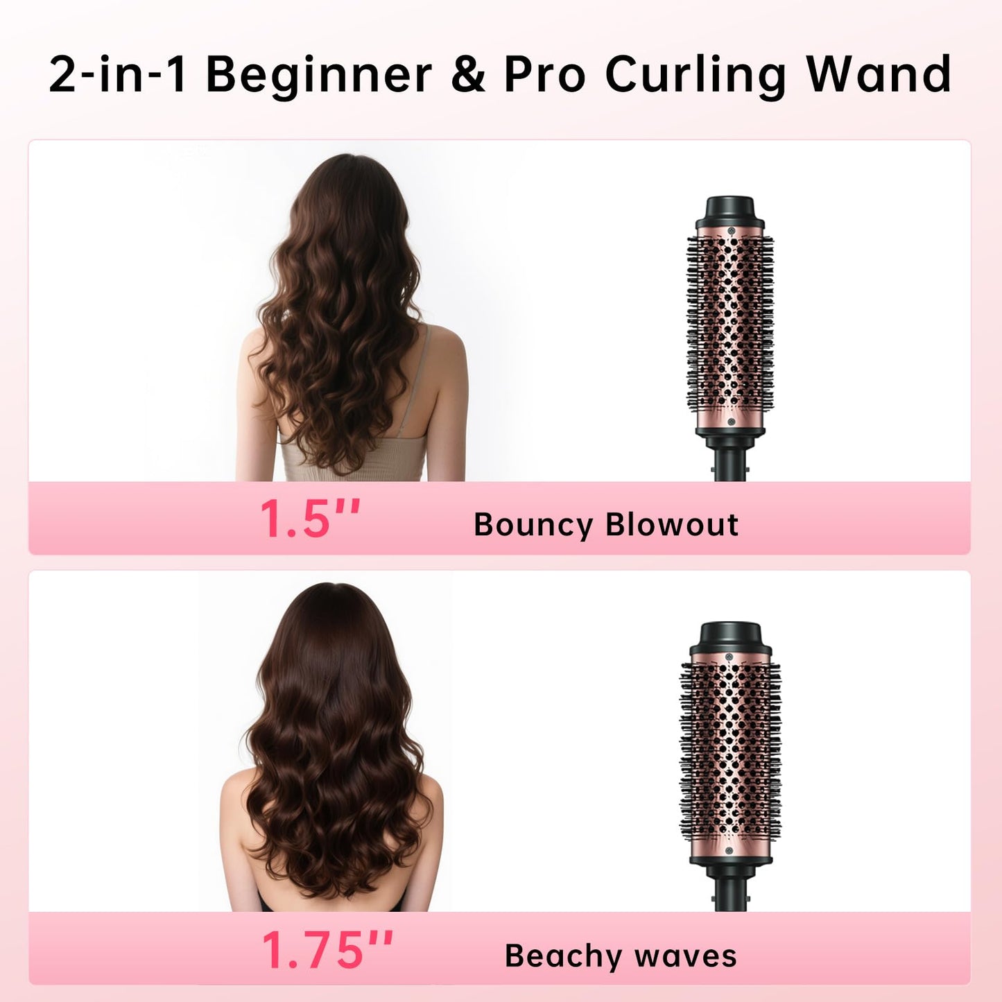 2in1 Negative Ion Thermal Brush -Heated Round Brush, Curling Iron 1 1/2 Inch& Curling Iron 1 3/4 Inch, 5 Temperature Settings,Dual Voltage