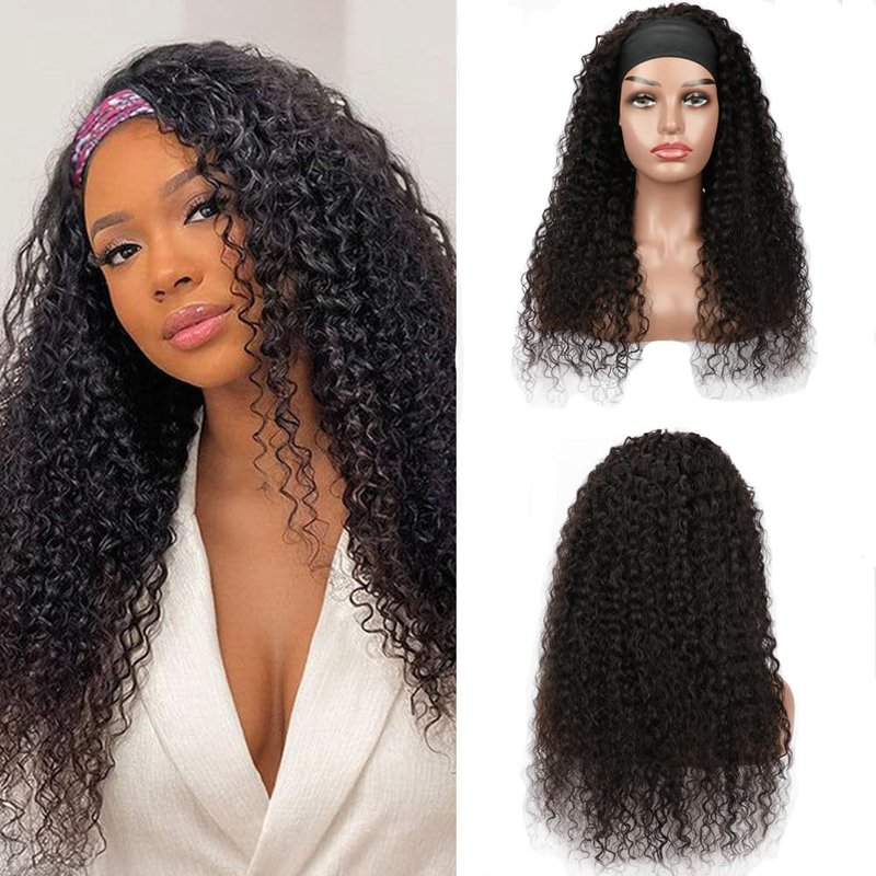 CYIKLI Kinky Straight Headband Wig 16 Inch Human Hair Headband Wigs for Black Women Glueless Yaki Straight Human Hair Headband Wigs Natural Black color