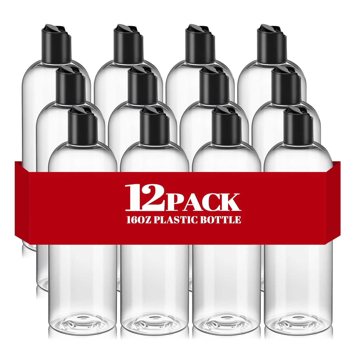 DPLASKA 16 oz Clear Plastic Empty Bottles with Black Disc Top Caps, 12 Pcs Squeezable Refillable Shampoo Bottles Travel Cosmetic Containers for Lotions, Body Soap Cream