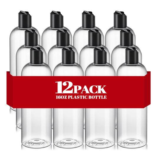 DPLASKA 16 oz Clear Plastic Empty Bottles with Black Disc Top Caps, 12 Pcs Squeezable Refillable Shampoo Bottles Travel Cosmetic Containers for Lotions, Body Soap Cream