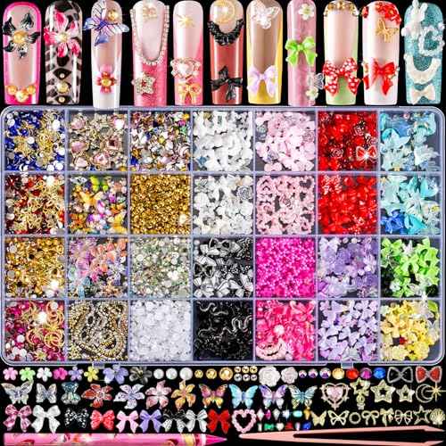 8000pcs 3D Nail Charms and Nail Gems, Cute Nail Rhinestones and Charms Y2K for Nails Nesign, Variety Butterfly Bow Moon Star Flower Junk Case Charms Gold Pearls Nail Jewels for Nail Art Decorations