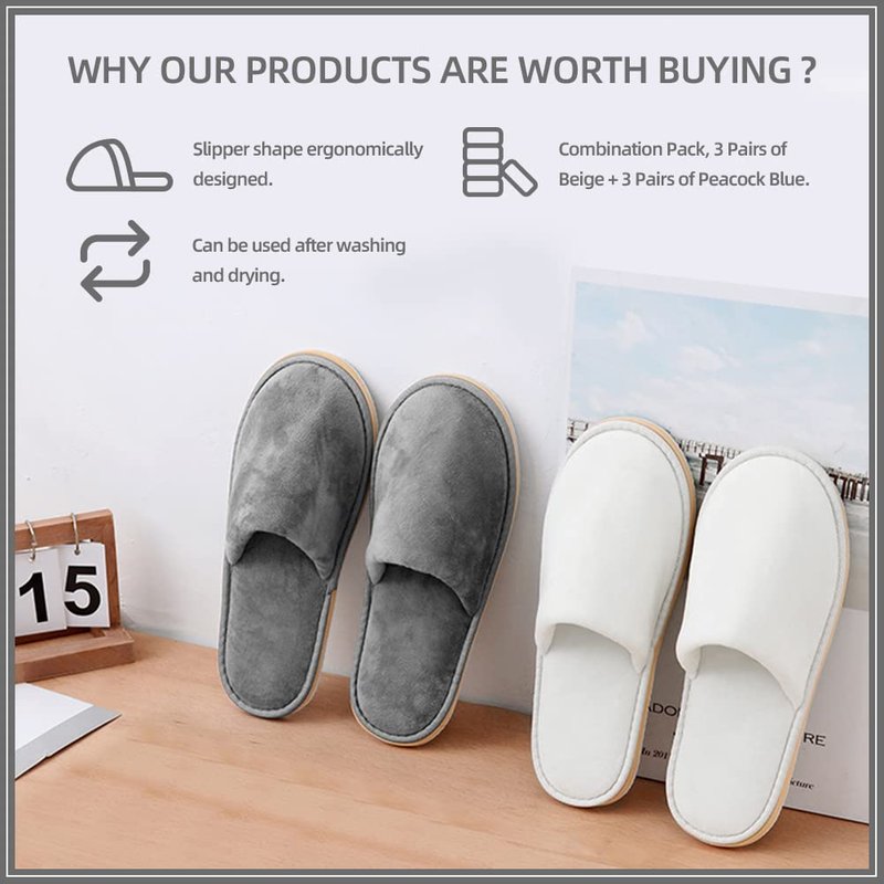 GONG GONG Non Slip Disposable Slippers, 6-12 Pairs, Washable, Reusable, Closed Toe, Crystal Velvet (Grey+White 6Pairs, Adult, Men, Large, Alpha, US Footwear Size System, Medium)