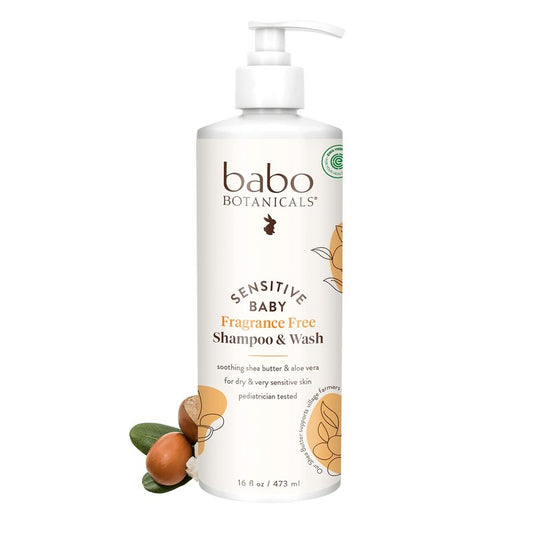 Babo Botanicals Fragrance-Free 2-in-1 Baby Shampoo & Wash - Shea Butter, Calendula & Aloe - EWG Verified, Cruelty-Free, Vegan - Pediatrician Tested - 16 Fl Oz