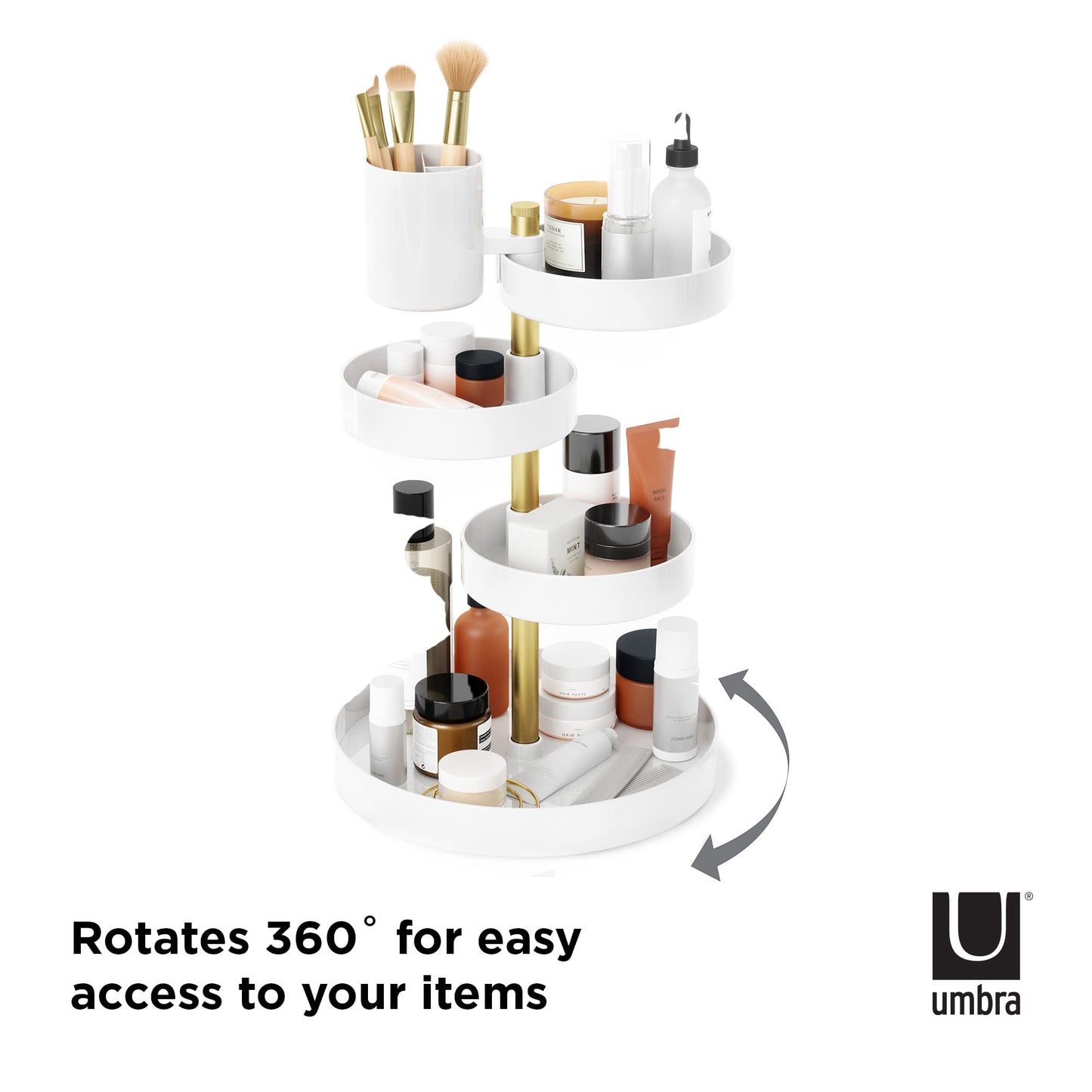 Umbra Pirouette Cosmetic Organizer, Large Capacity Makeup Storage with Adjustable Compartments, White/Brass