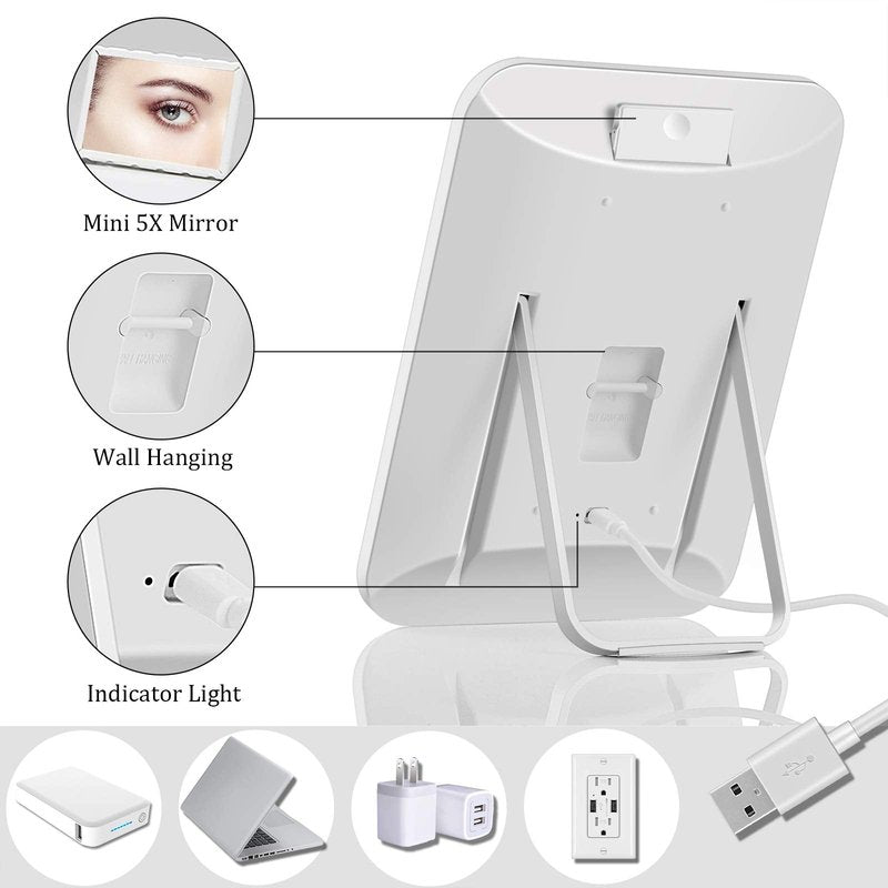 KOOKIN Lighted Vanity Makeup Mirror with Lights 3 Color Lighting Modes Rechargeable Touch Screen Adjustable Tabletop Wall Hanging Led Light Up Mirror with Mini 5X Hand Mirror