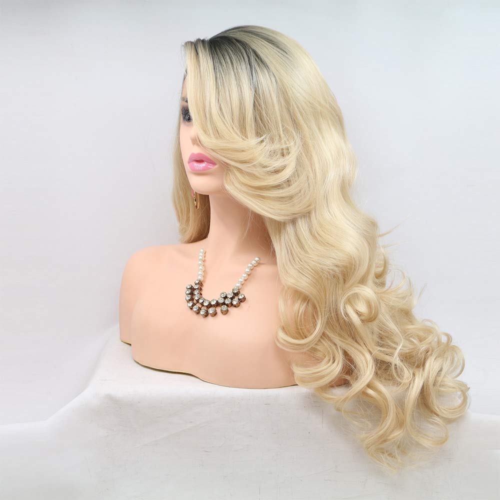 Ombre Blonde Lace Front Wig - Dark Roots & Body Wave | 24-Inch Heat Resistant Fiber Hair Replacement