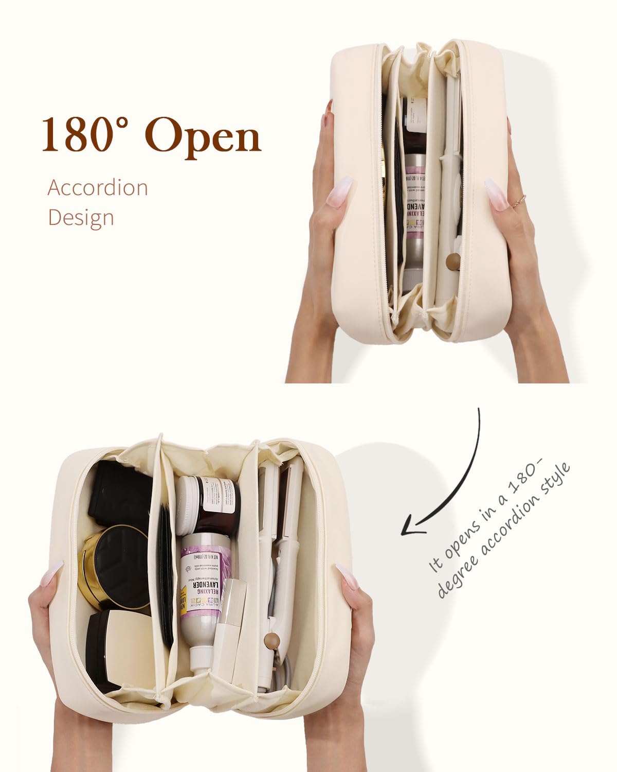 Pocmimut Makeup Bag,2 Pack Open Flat Small Makeup Pouch with Large Cosmetic Bag Travel Essentials Organizer with Divider,Beige